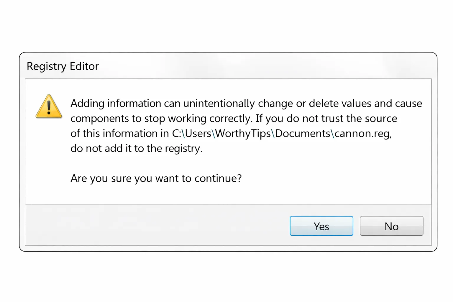 Advertencia del Editor del Registro de Windows sobre modificaciones peligrosas