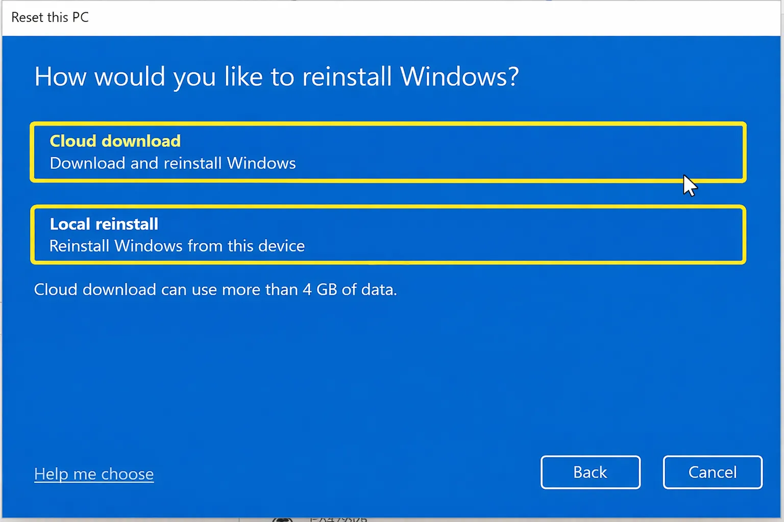 Windows reinstallation options: Cloud download vs Local reinstall