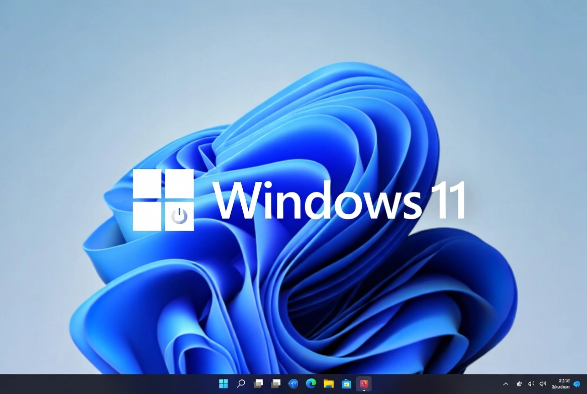 Escritorio de Windows 11 con fondo de pantalla azul y barra de tareas centrada
