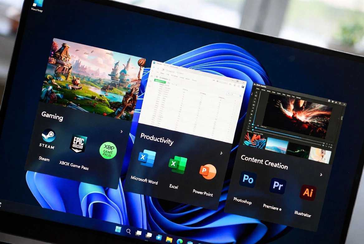 Windows 11 mostrando aplicaciones de Gaming, Productividad y Creación de Contenido incluyendo Steam, Xbox Game Pass, Microsoft Office y Adobe Creative Suite