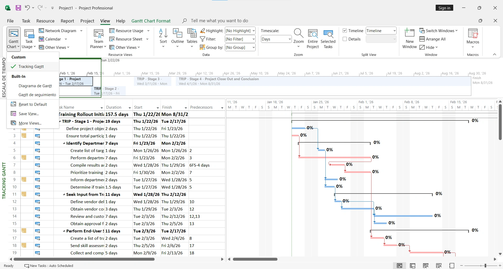 Vista de seguimiento de Gantt - Comparación de línea base vs progreso real del proyecto