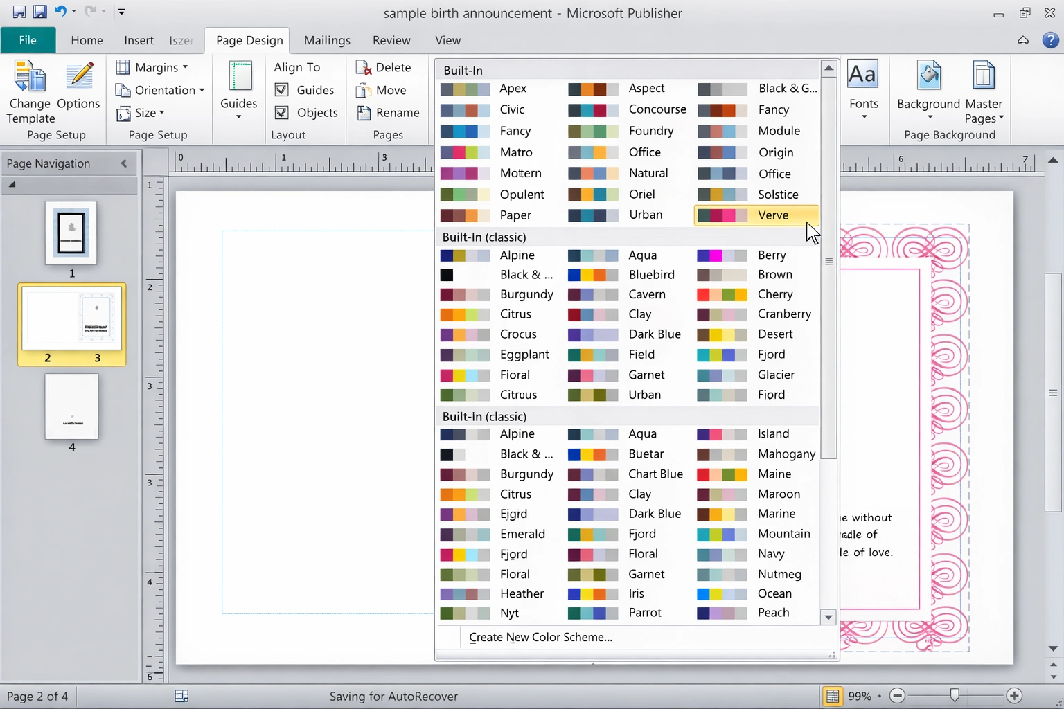 Publisher customization panel - Color schemes, fonts and design options