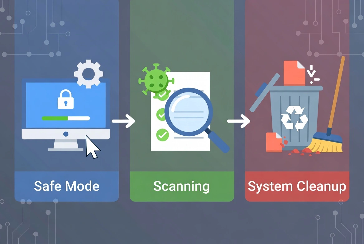 Guía de eliminación de malware - Modo seguro, escaneo múltiple y limpieza del sistema paso a paso