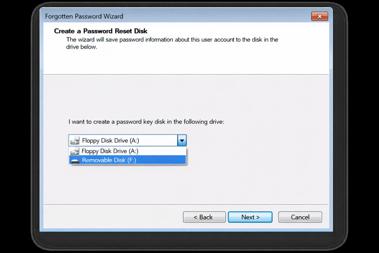 Disco de restablecimiento de contraseña Windows - Asistente de creación y proceso de uso