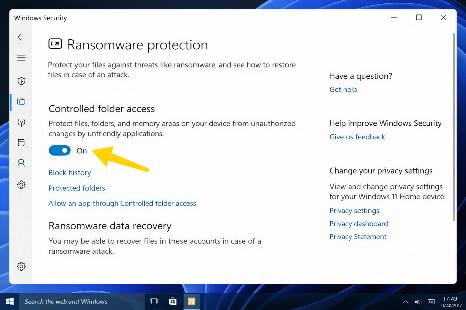 Protección anti-ransomware Windows 11 - Acceso controlado a carpetas y estrategia de backup 3-2-1