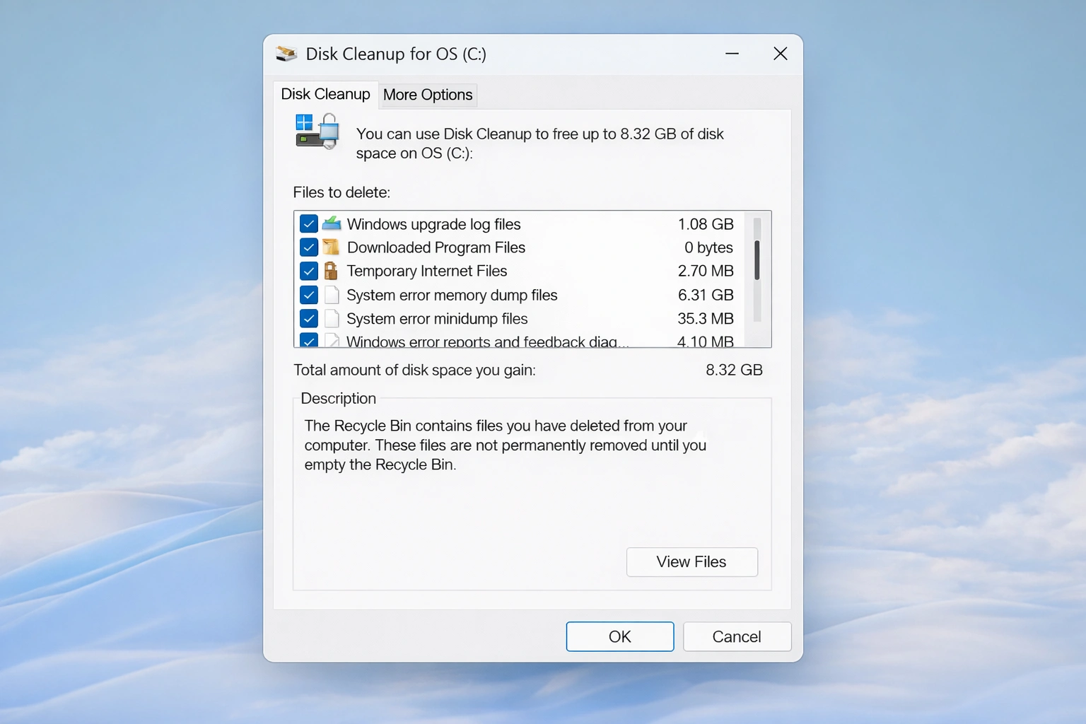 Liberador de espacio en disco Windows 11 - Selección de archivos del sistema y espacio recuperable