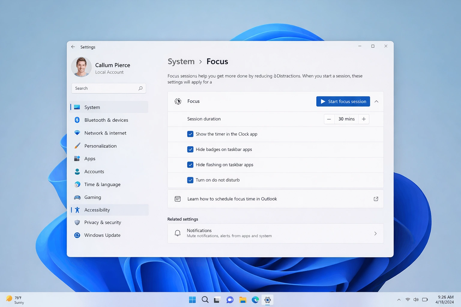 Modo de enfoque y No Molestar en Windows 11 con sesiones de concentración