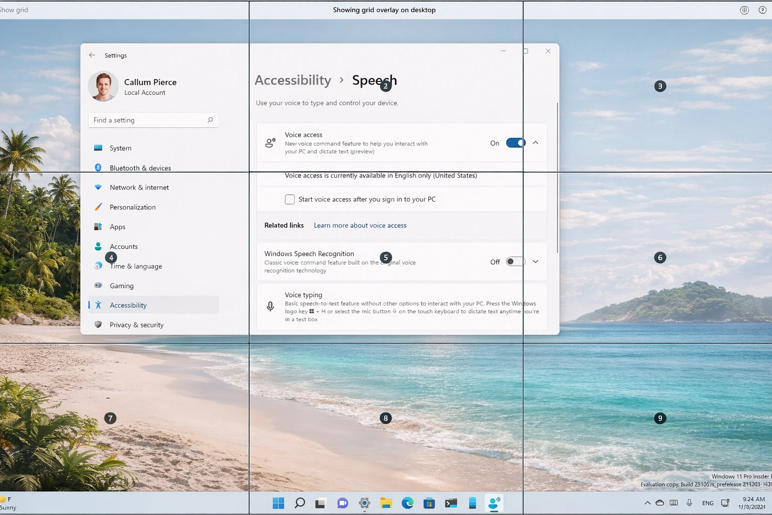 Acceso por voz de Windows 11 con cuadrícula numerada para control preciso